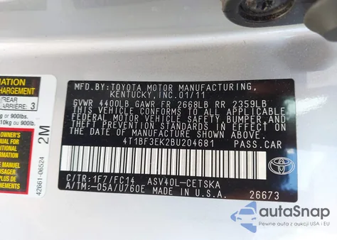 2011 Toyota Camry Se from USA, damaged, VIN 4T1BF3EK2BU204681